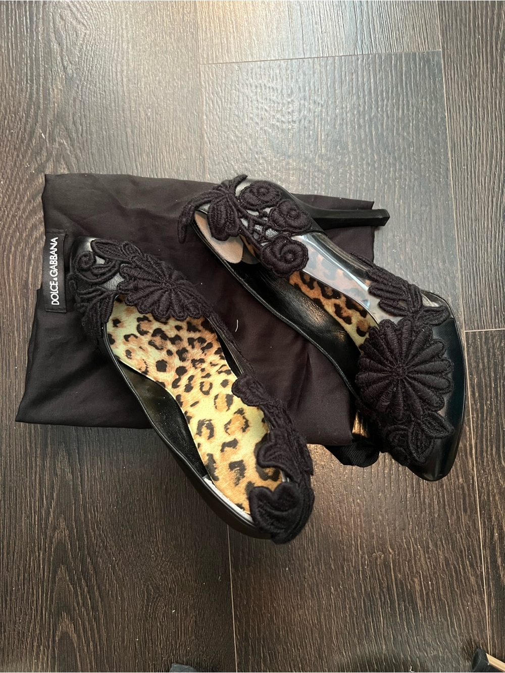 Dolce & Gabbana Black Floral-Appliqué Pointed Toe Heels with Leopard Insole